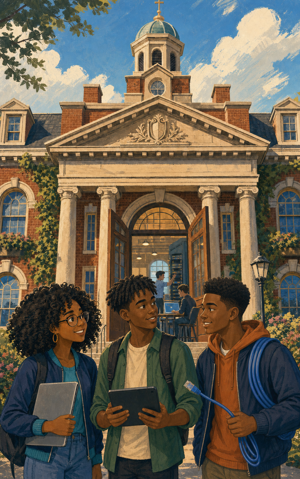 Three Black teens arriving outside Network Launch Academy with networking equipment