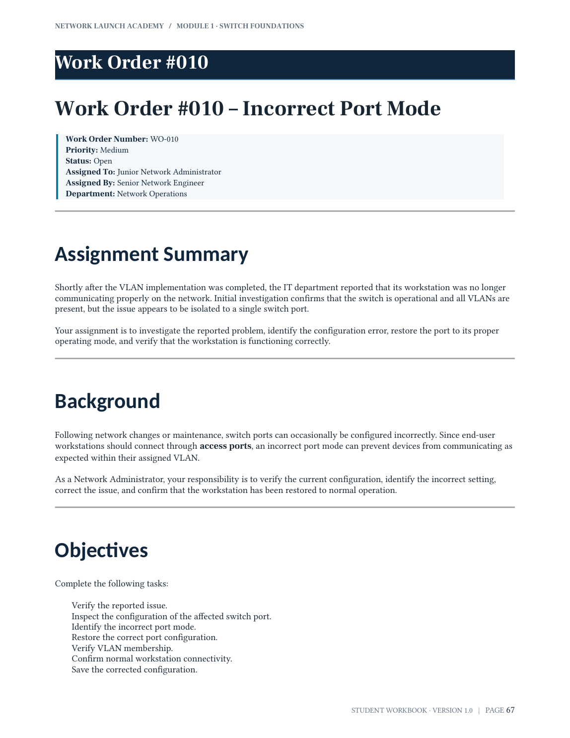 Preview of a troubleshooting work order from Module 1