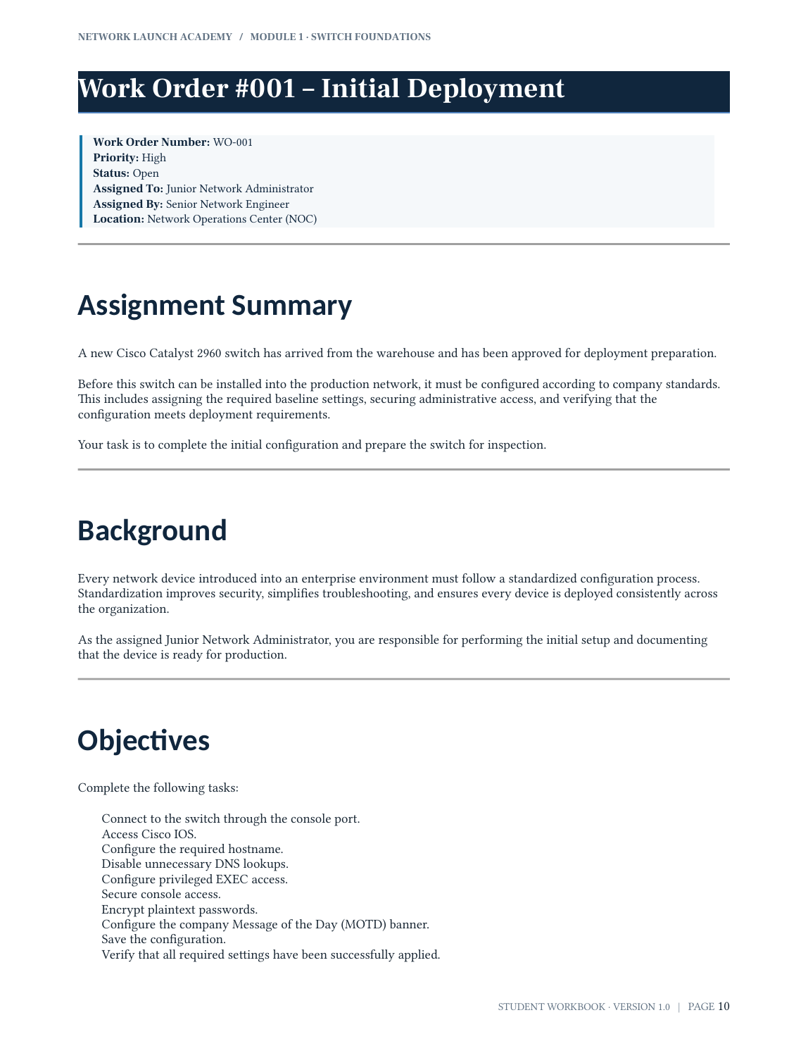 Preview of Work Order 001 from the Module 1 Student Workbook