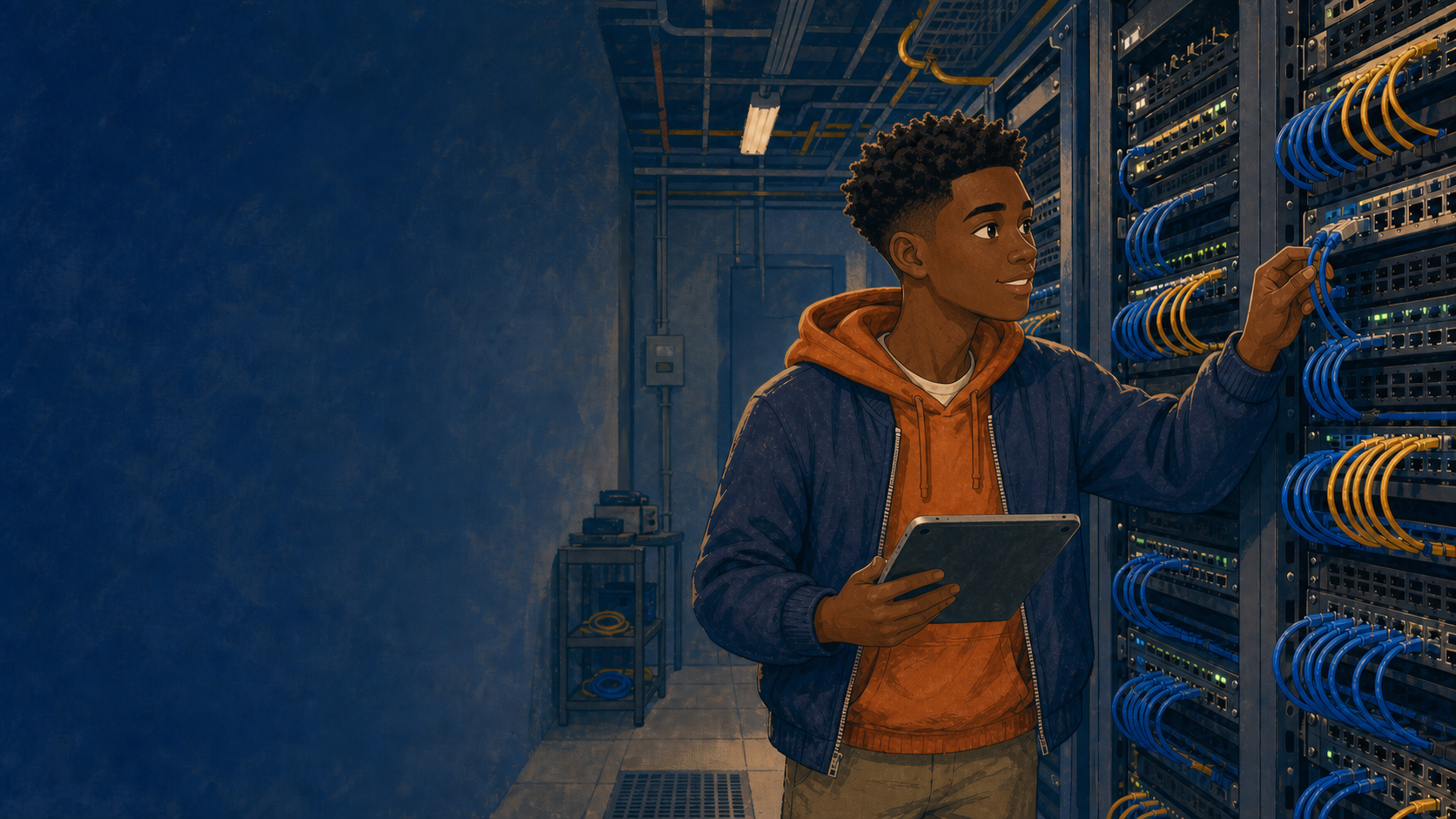 Illustrated Black teen technician working beside a network rack